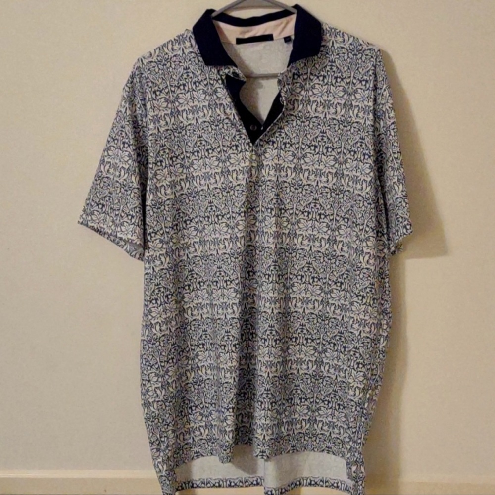 Greyson Polo Shirt Large Blue Navy White Floral Wolf